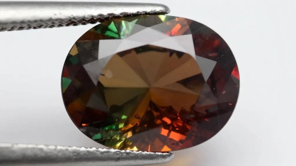 closeup alexandrite gemstone shifting from green to red