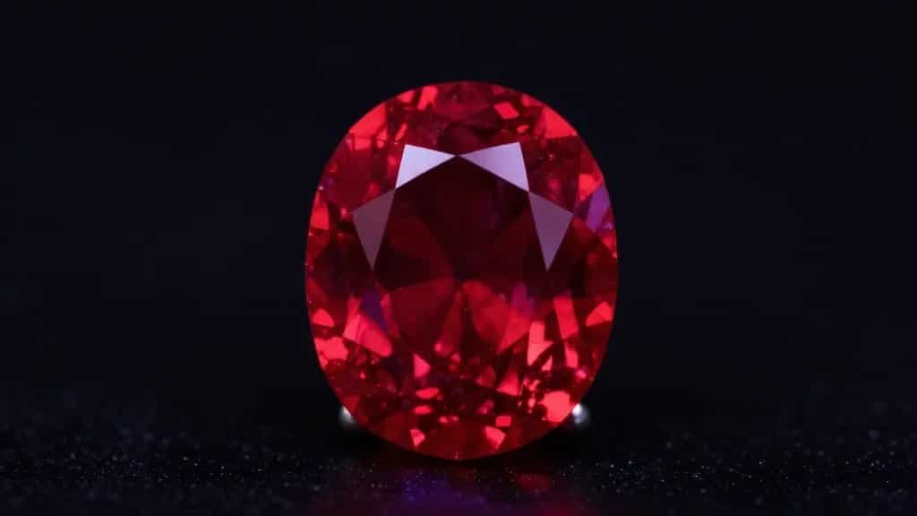 Fluorescent ruby under UV light, closeup glowing red