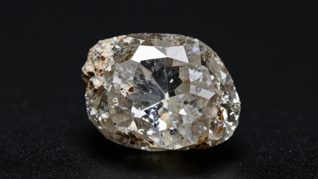Single rough zircon crystal on black background, macro shot