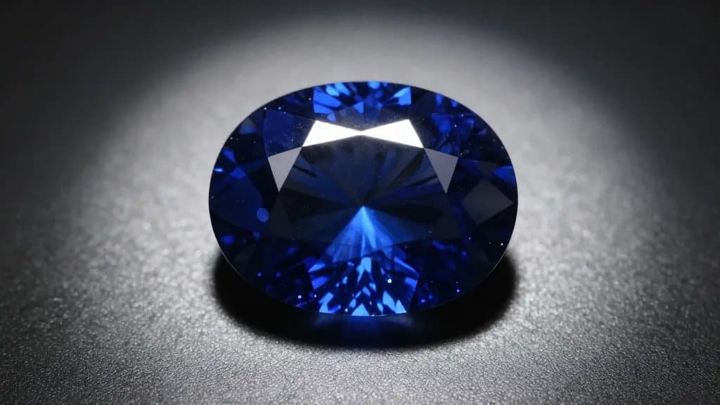star sapphire cabochon showing sharp asterism under spotlight