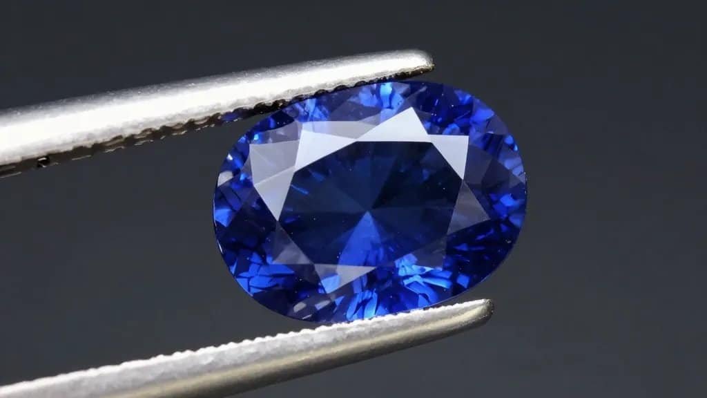 vivid royal-blue sapphire, precision step-cut, closeup on black
