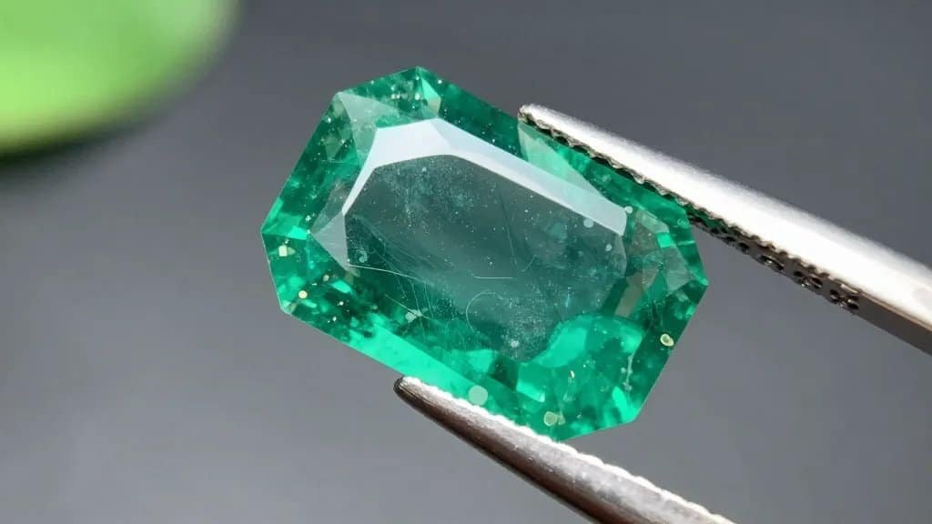 single loupe inspecting emerald’s jardin inclusions, tight closeup