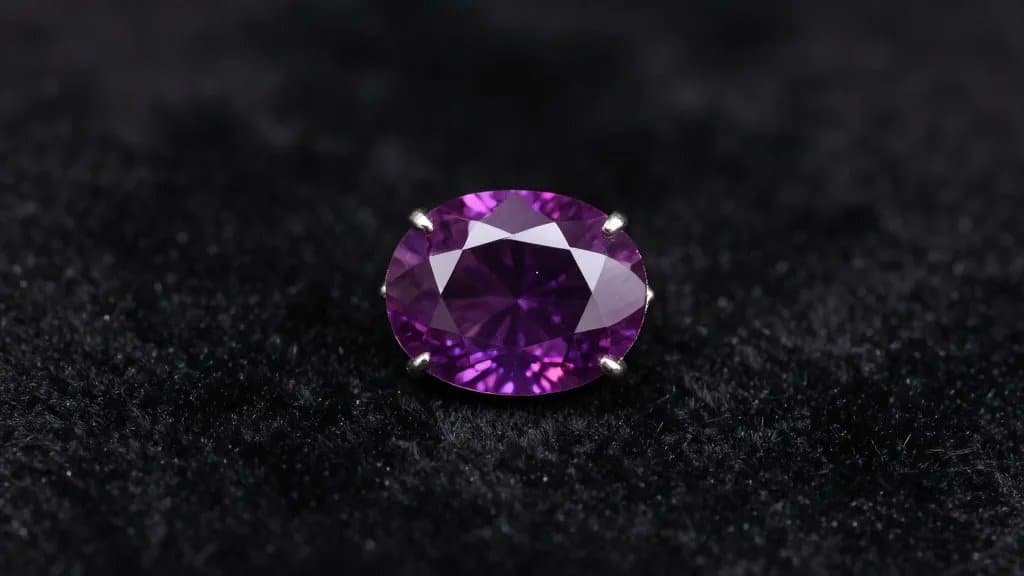 Single padparadscha sapphire on black velvet, studio-lit