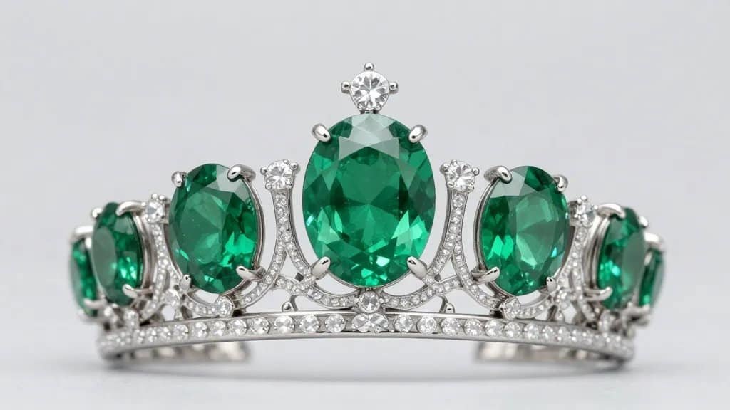 Colombian emerald tiara centerpiece, macro shot, studio lighting