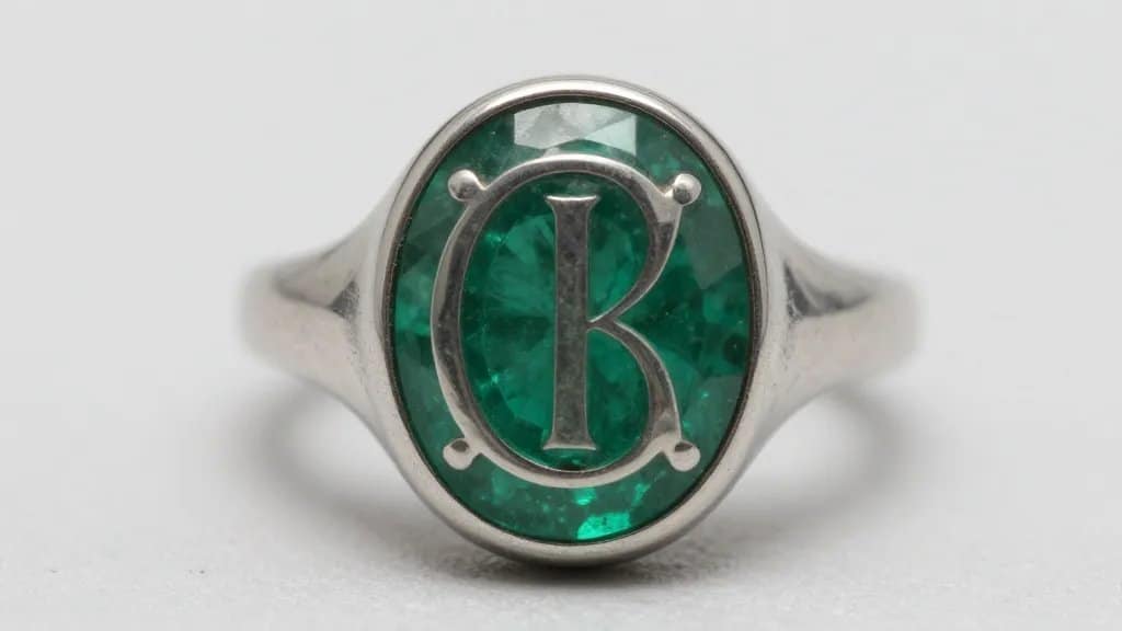 Antique emerald signet ring, royal monogram, soft diffused light