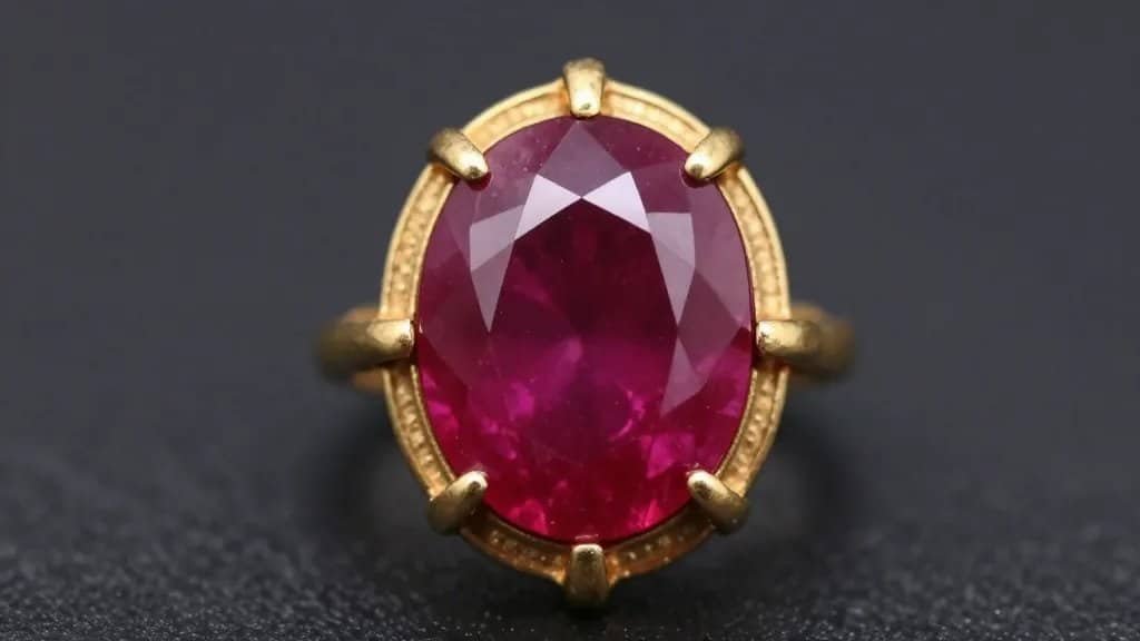 closeup Burmese pigeon-blood ruby in antique gold claw setting