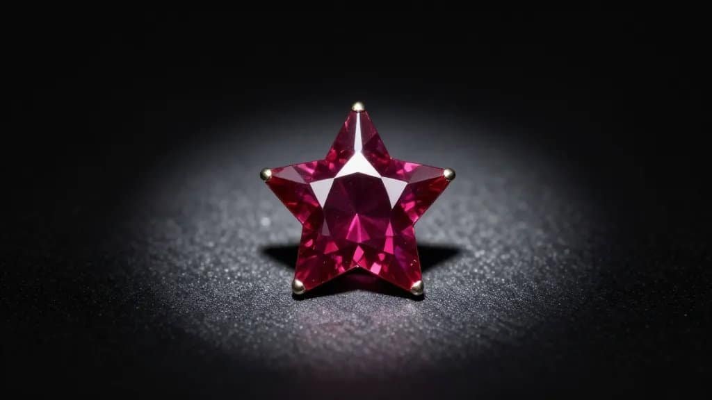 single star ruby cabochon under focused spotlight, black background