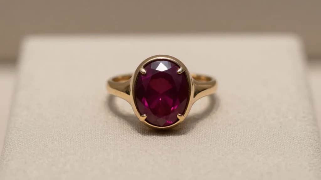 Victorian ruby signet ring on museum display plinth, macro shot