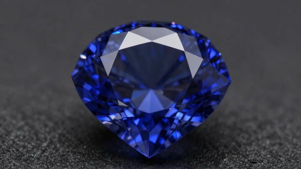 Hope Diamond closeup under museum lighting, deep blue fire