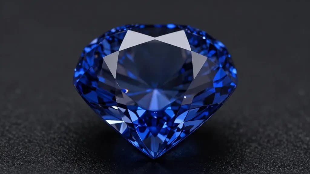 closeup Hope Diamond under museum spotlight, deep blue fire