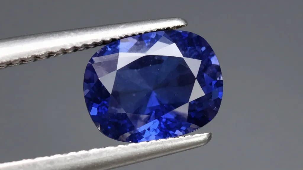 Deep blue Kashmir sapphire cushion-cut, loupe-level macro shot