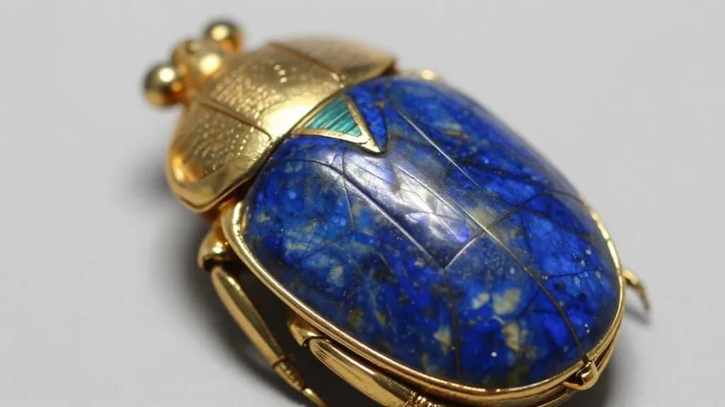closeup of Egyptian gold scarab inlaid with lapis lazuli