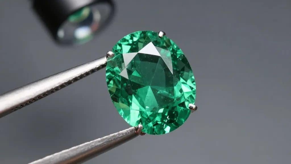 Closeup emerald cabochon under jeweler’s loupe, studio lighting