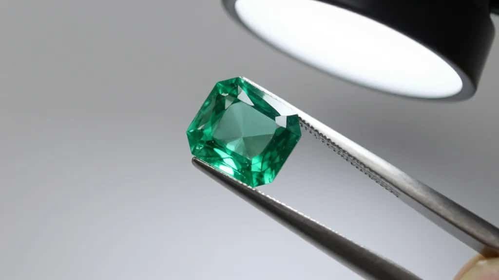 loupe inspecting single emerald under daylight lamp
