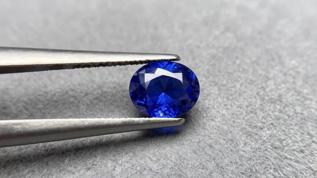 loupe inspecting single blue sapphire on gray suede
