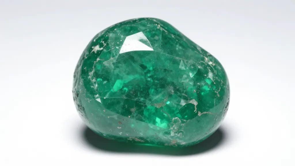 untreated emerald gemstone under daylight-balanced lightbox