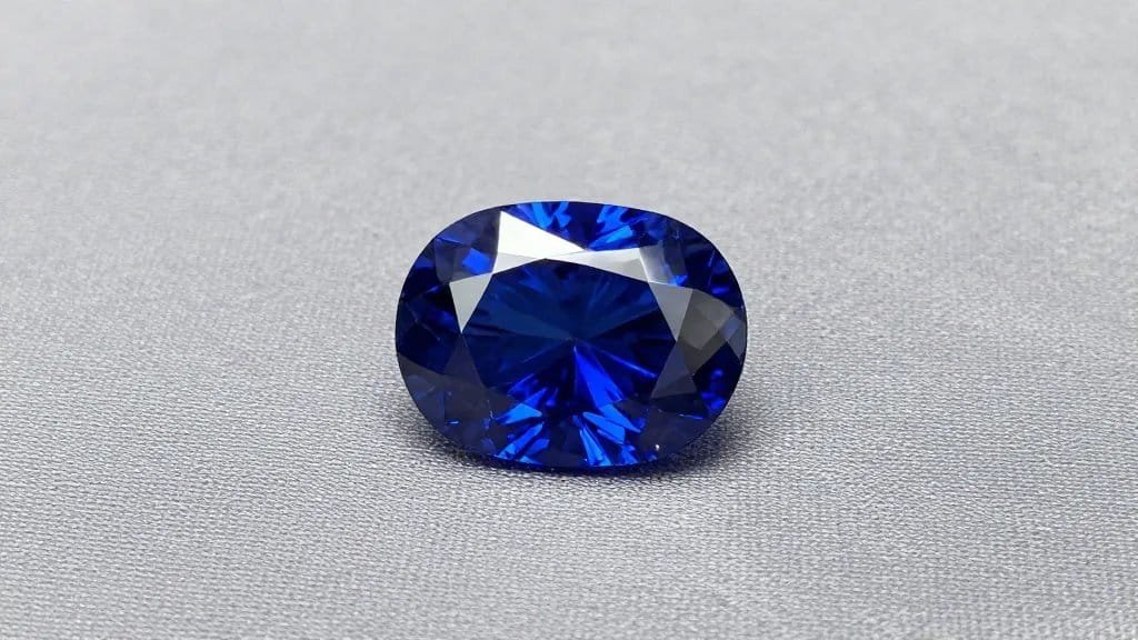 emerald‑cut blue sapphire on gray silk background