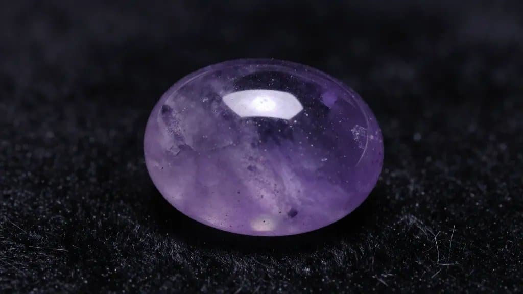 closeup of polished amethyst cabochon on black velvet
