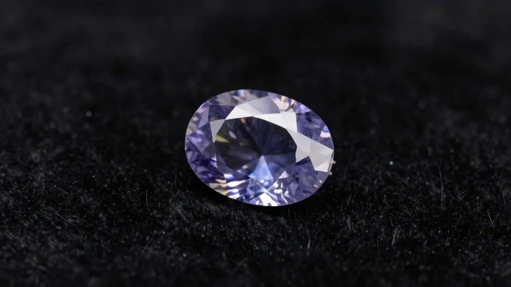 closeup of a single uncut sapphire crystal on black velvet