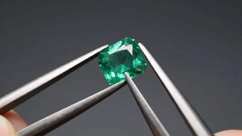 macro shot of a jeweler’s loupe inspecting one emerald