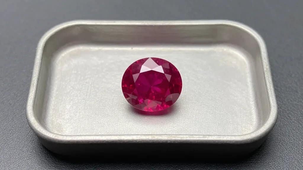 single labeled gem tray slot holding a round-cut ruby