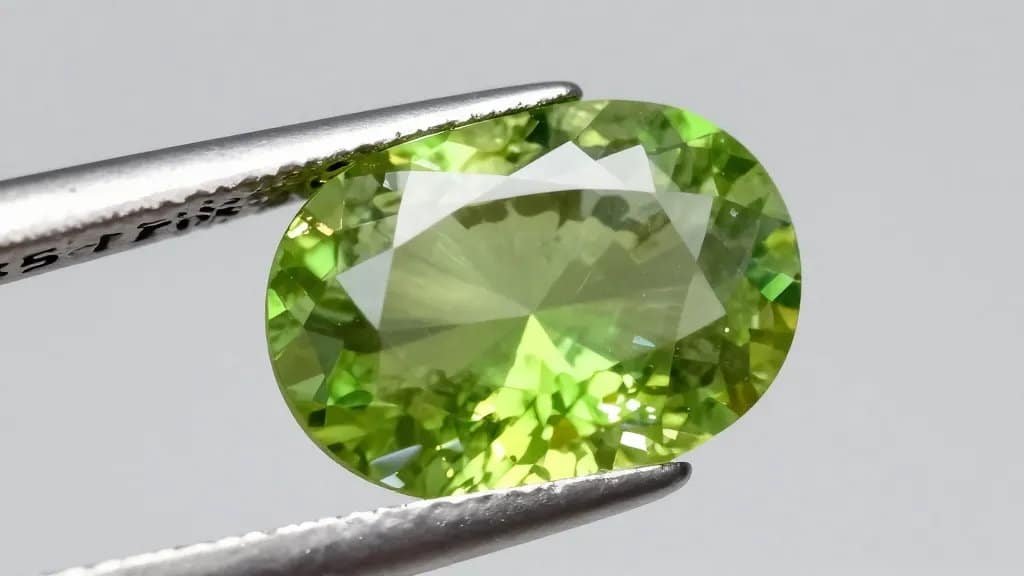 Closeup neon-green tsavorite garnet under diffused studio light