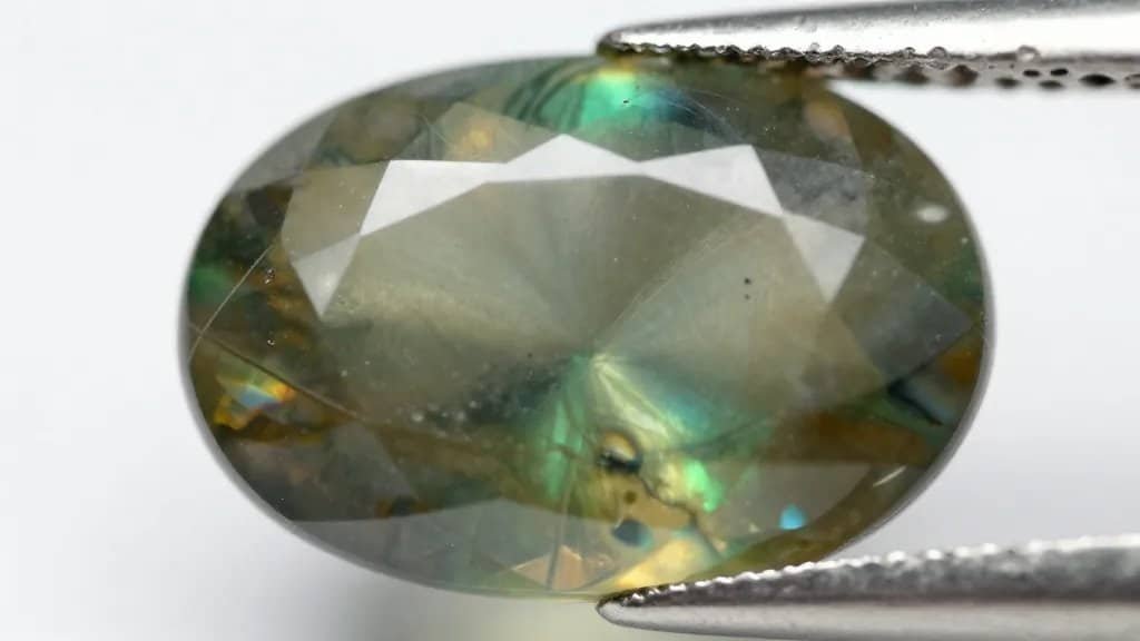 closeup of an andalusite oval gem showing green-brown pleochroism