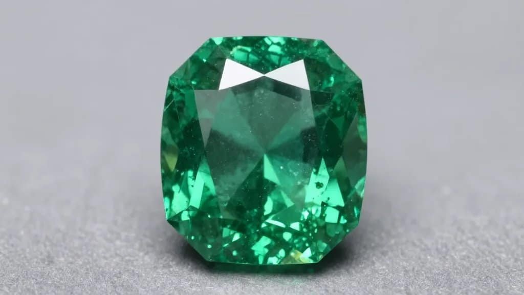 Closeup flawless Colombian emerald in museum spotlight