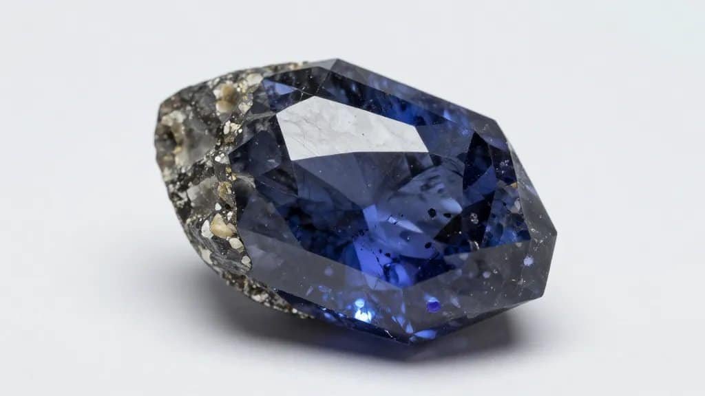Single rough tanzanite crystal under soft studio lighting
