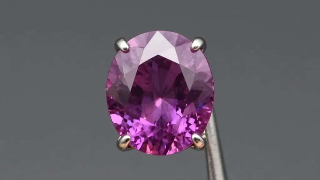 closeup padparadscha sapphire in platinum prong setting