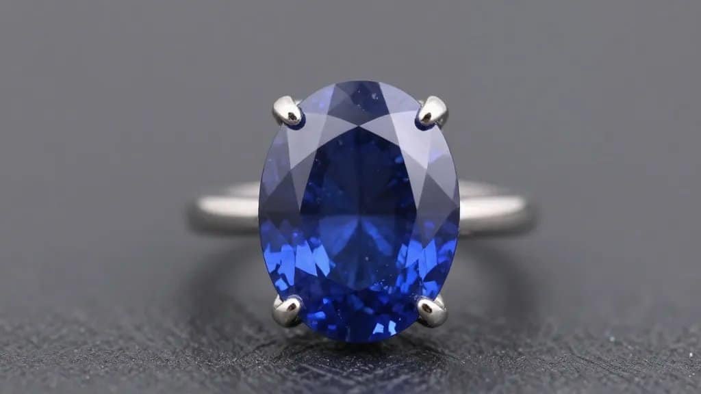 closeup oval royal-blue sapphire solitaire in platinum prongs