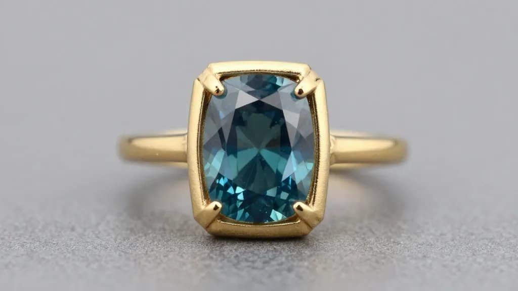 Asscher-cut teal sapphire ring, bezel-set, brushed gold