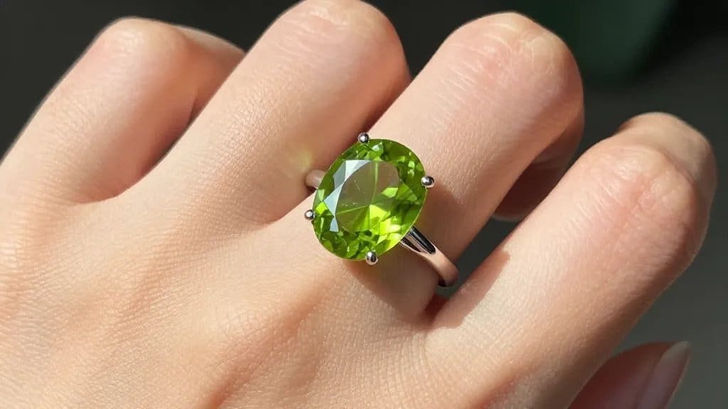 closeup peridot solitaire ring on sunlit olive skin
