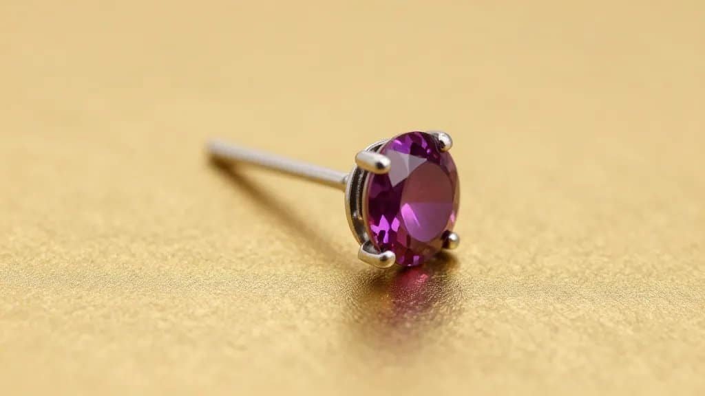ruby stud earring macro on brushed gold background
