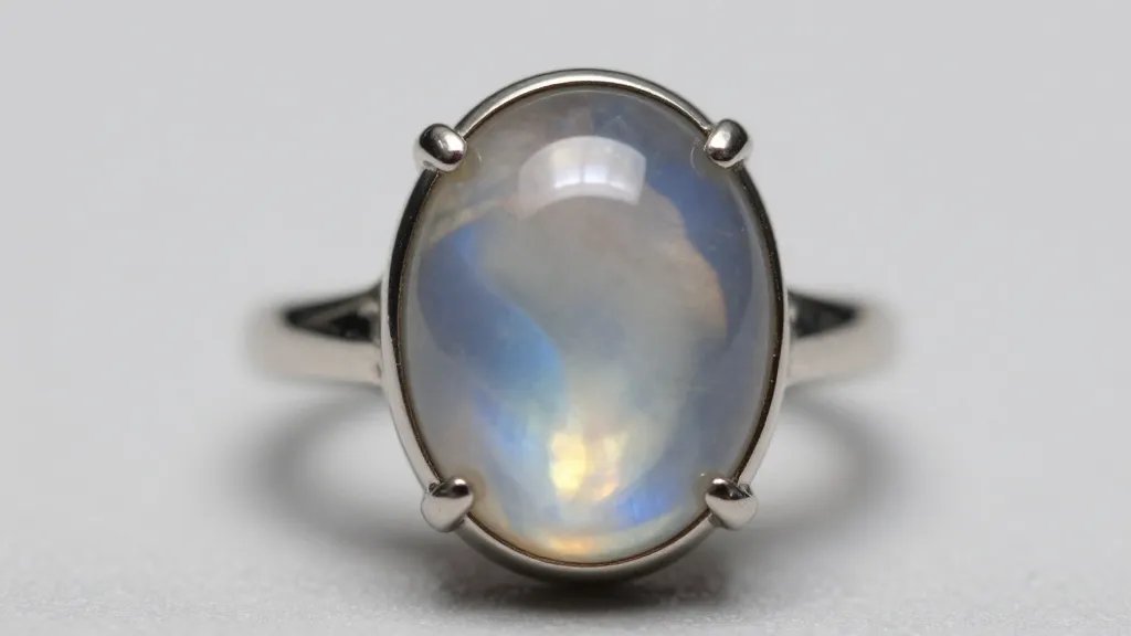 macro of moonstone cabochon ring in soft diffused light