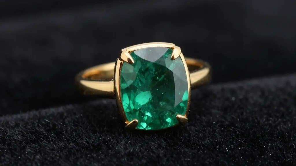closeup of emerald solitaire ring in yellow gold on black velvet