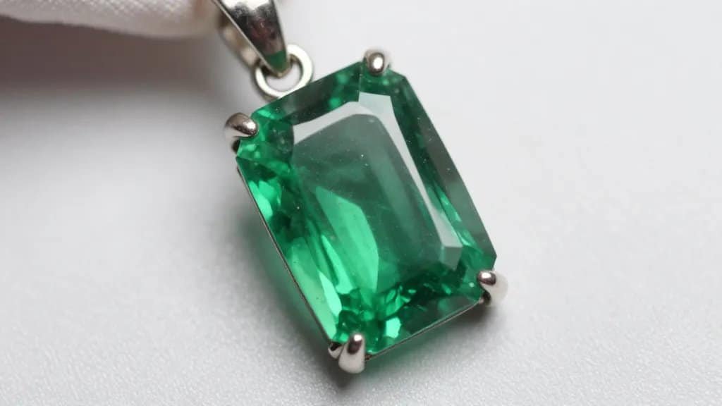 macro shot of emerald-cut pendant with minor inclusions on silk