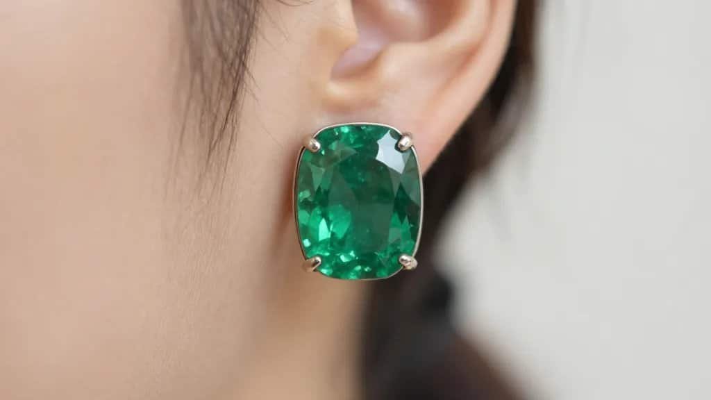 closeup of emerald stud earring in bezel setting, soft daylight