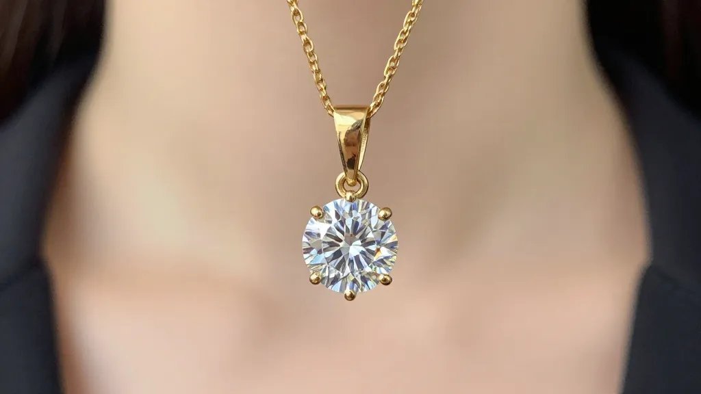 closeup solitaire diamond pendant on fine gold chain