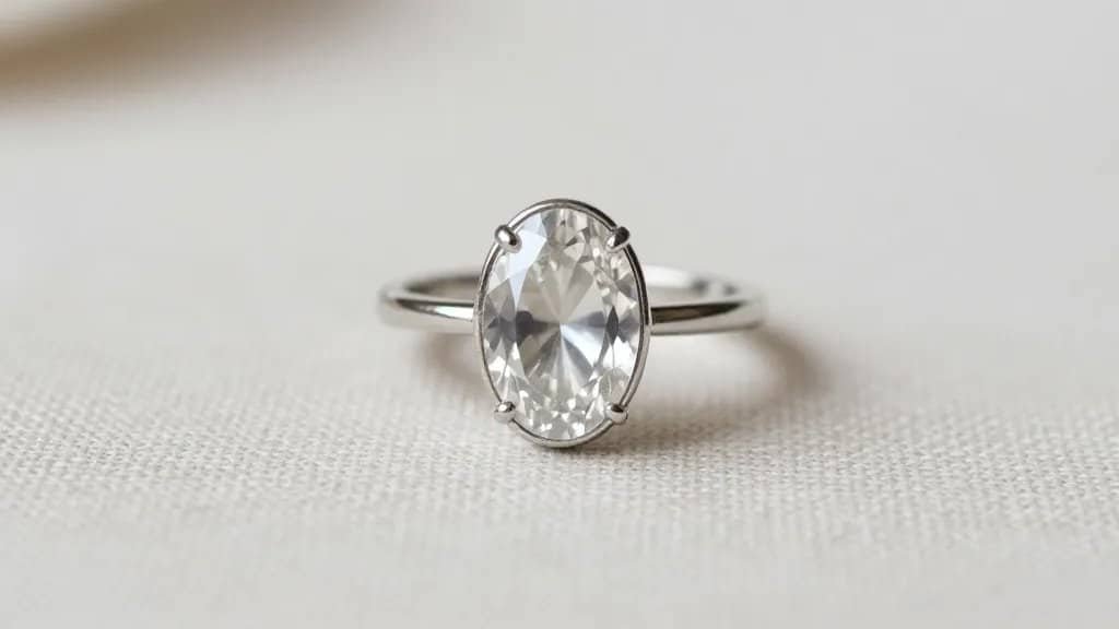 oval white sapphire bezel ring on neutral linen
