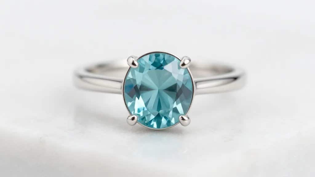 closeup aquamarine solitaire ring in platinum on white marble