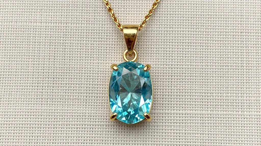 aquamarine emerald-cut pendant in yellow gold on linen backdrop