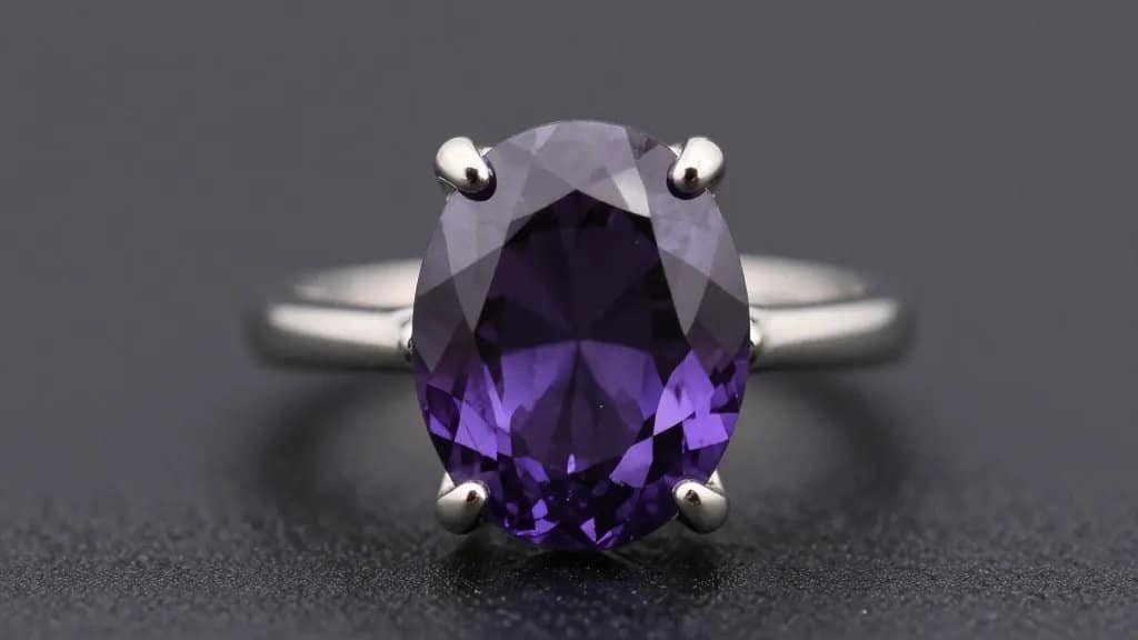 closeup amethyst solitaire ring in platinum cathedral setting
