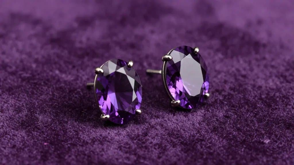 oval deep-plum amethyst stud earring on velvet backdrop