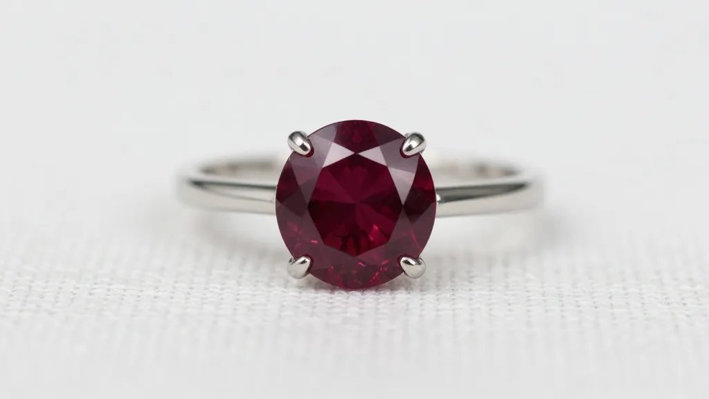 closeup of round-cut garnet solitaire ring on white linen