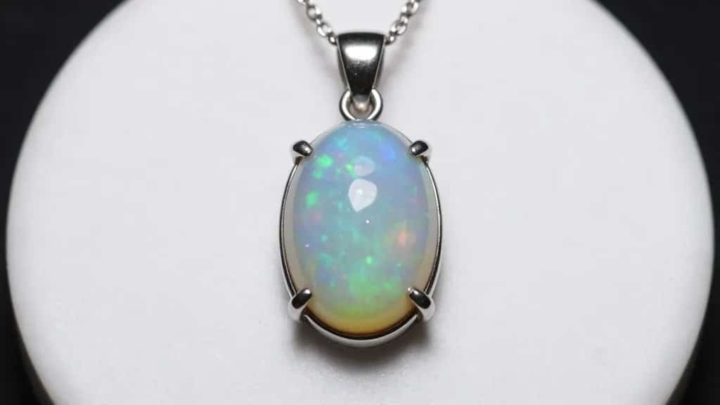 closeup oval opal pendant on polished white marble