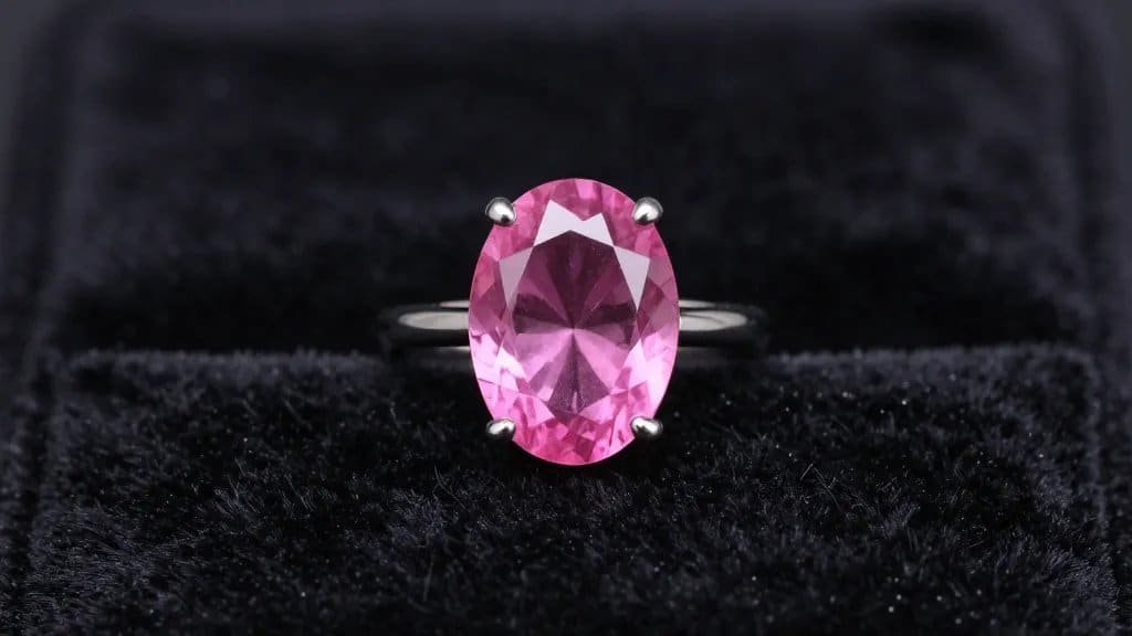 single neon pink tourmaline ring on black velvet