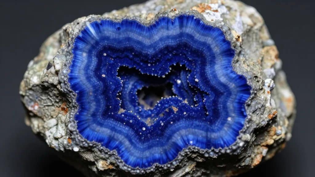 closeup of electric-blue azurite rosette on rough matrix