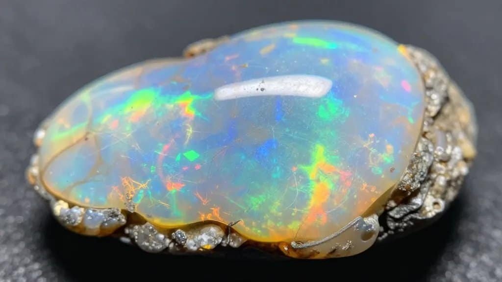 Closeup raw opal nodule showing neon play-of-color
