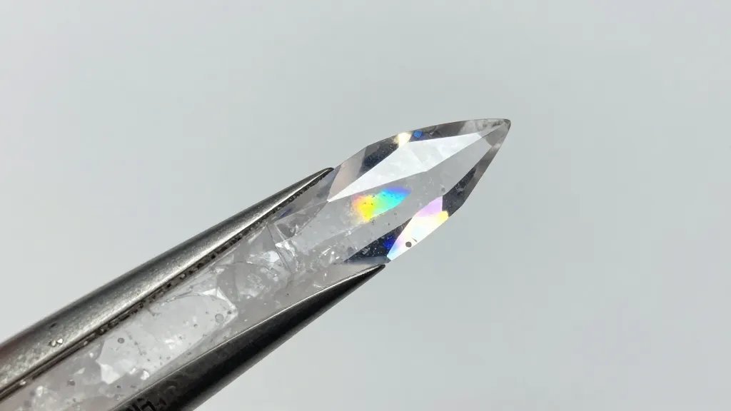 Razor-sharp quartz crystal tip with rainbow inclusions